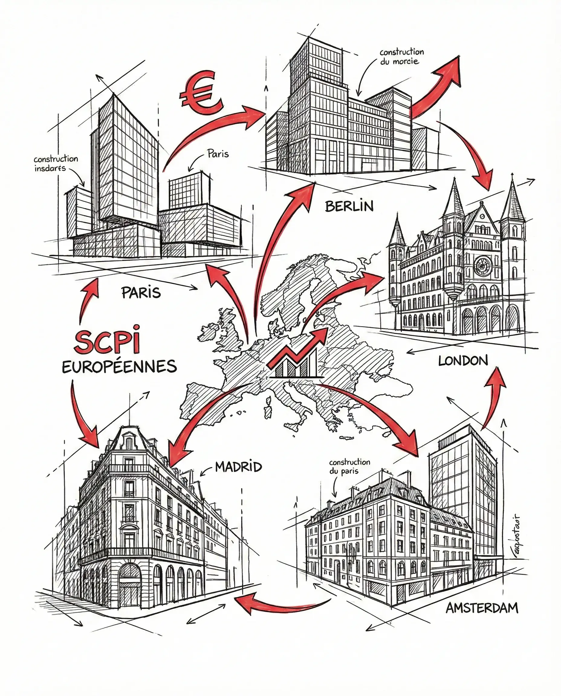 Illustration montrant la diversification des SCPI européennes à Paris, Berlin, Londres, Amsterdam et Madrid