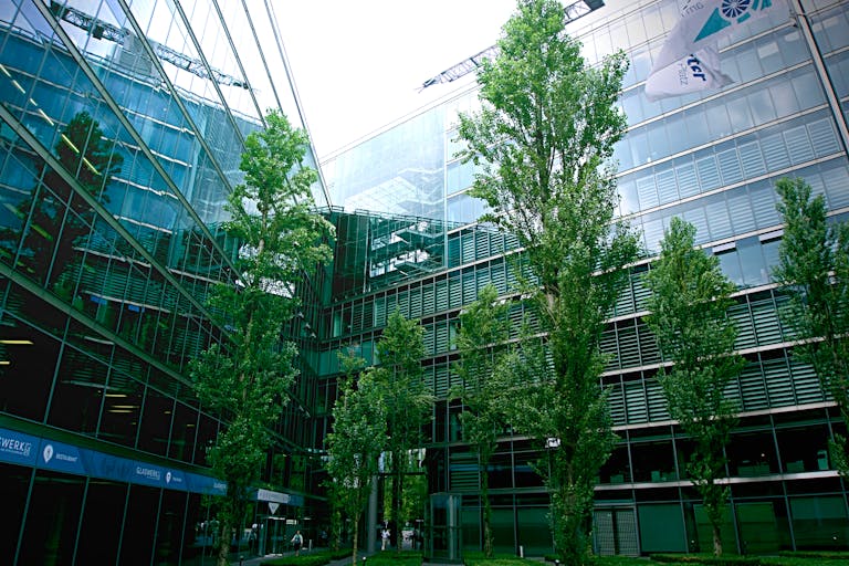 Contemporary glass architecture with trees reflecting in the facade on a bright day.
