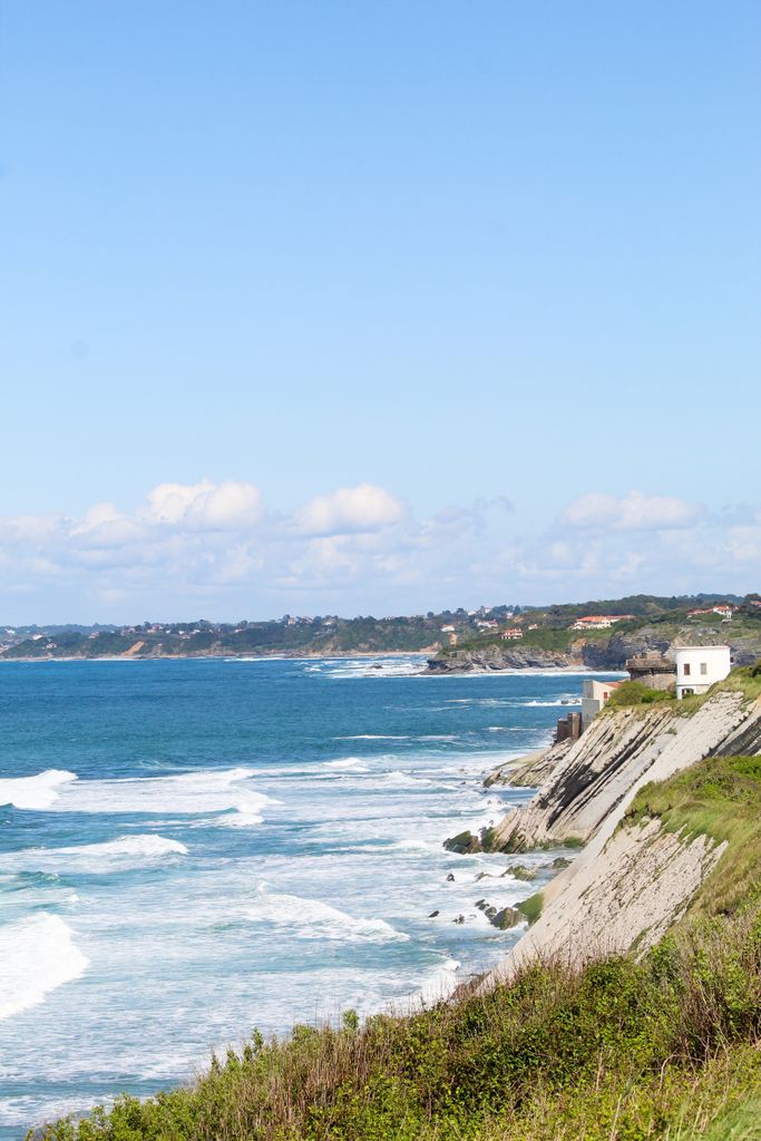 Dramatic cliffs and ocean waves along the scenic coast of Hendaye, France.